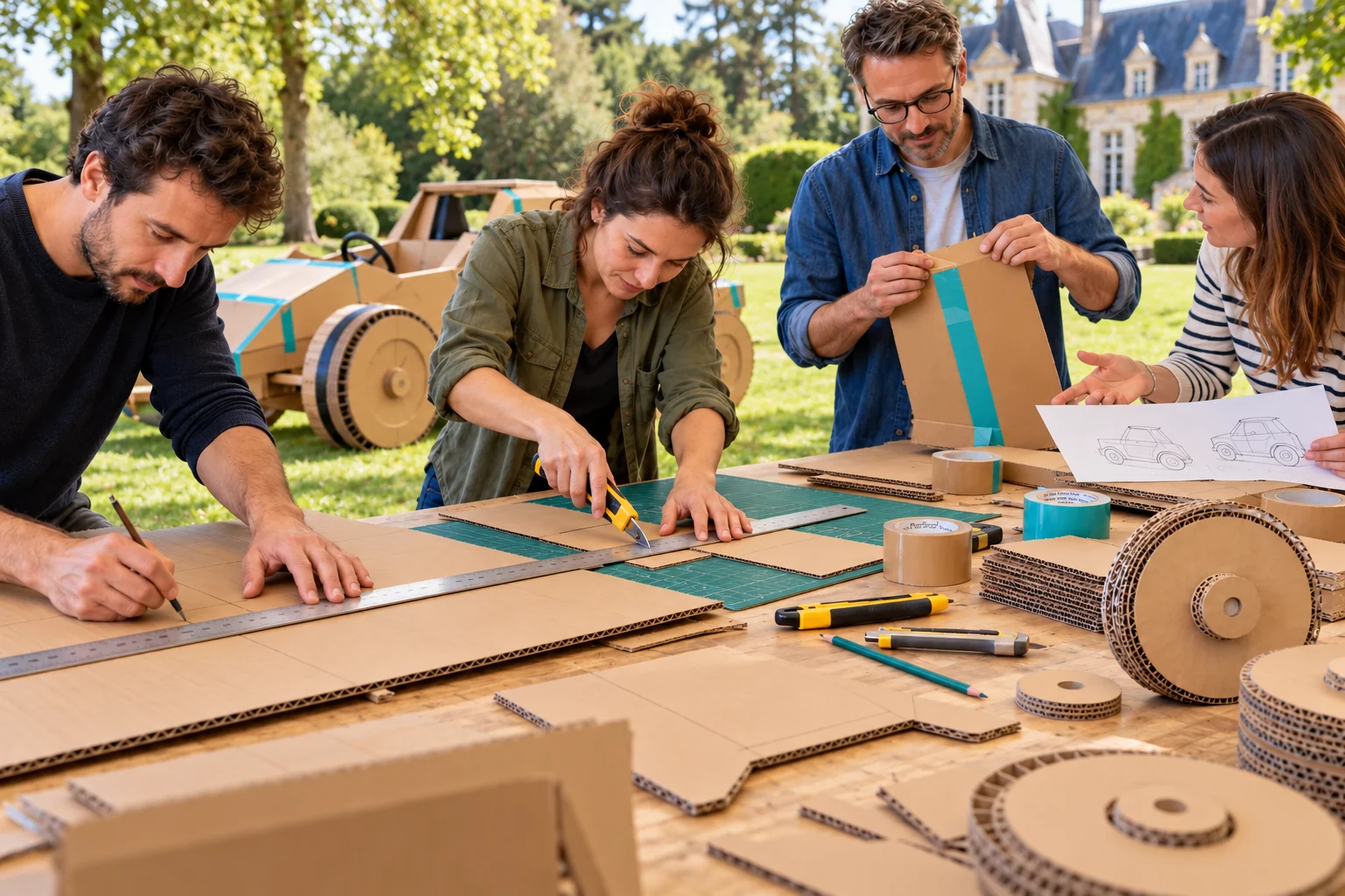 Atelier de conception : règles, cutters et cartons — illustration IA