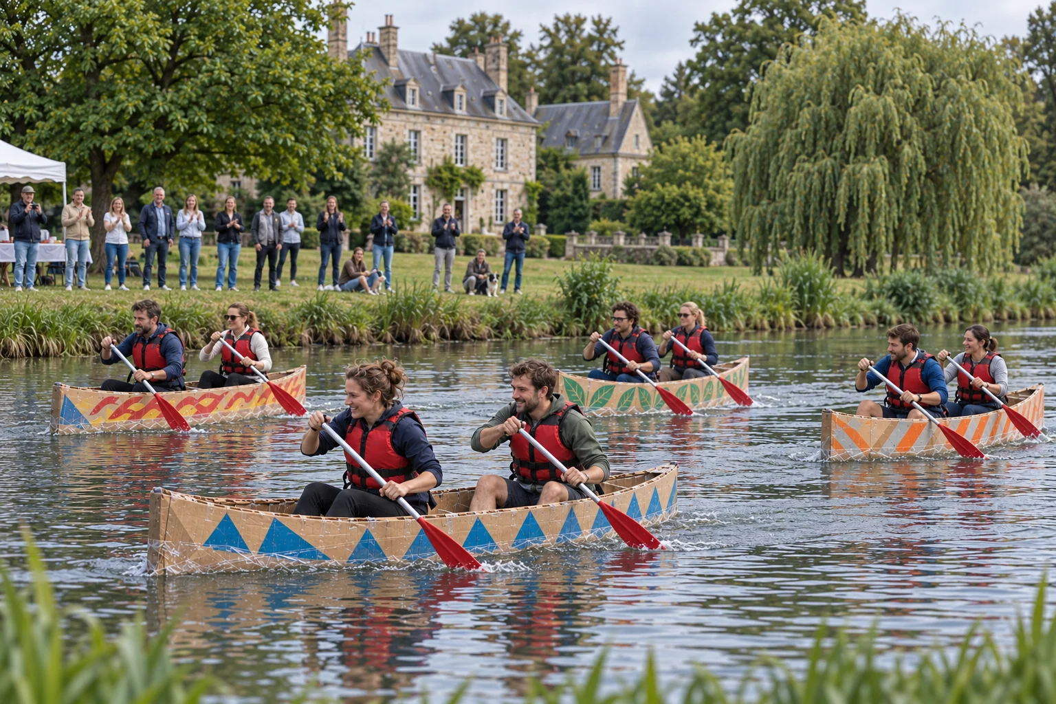 Régate de canoës en carton biplaces — illustration IA
