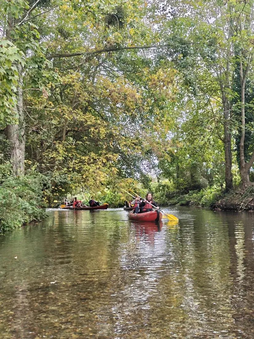 Sortie en kayak sur une rivière bordée d’arbres en automne
